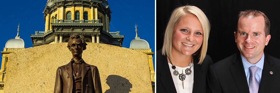 photo of the Abraham Lincoln statue in Springfield and photo of Sarah Kuhn and Michael O'Shea